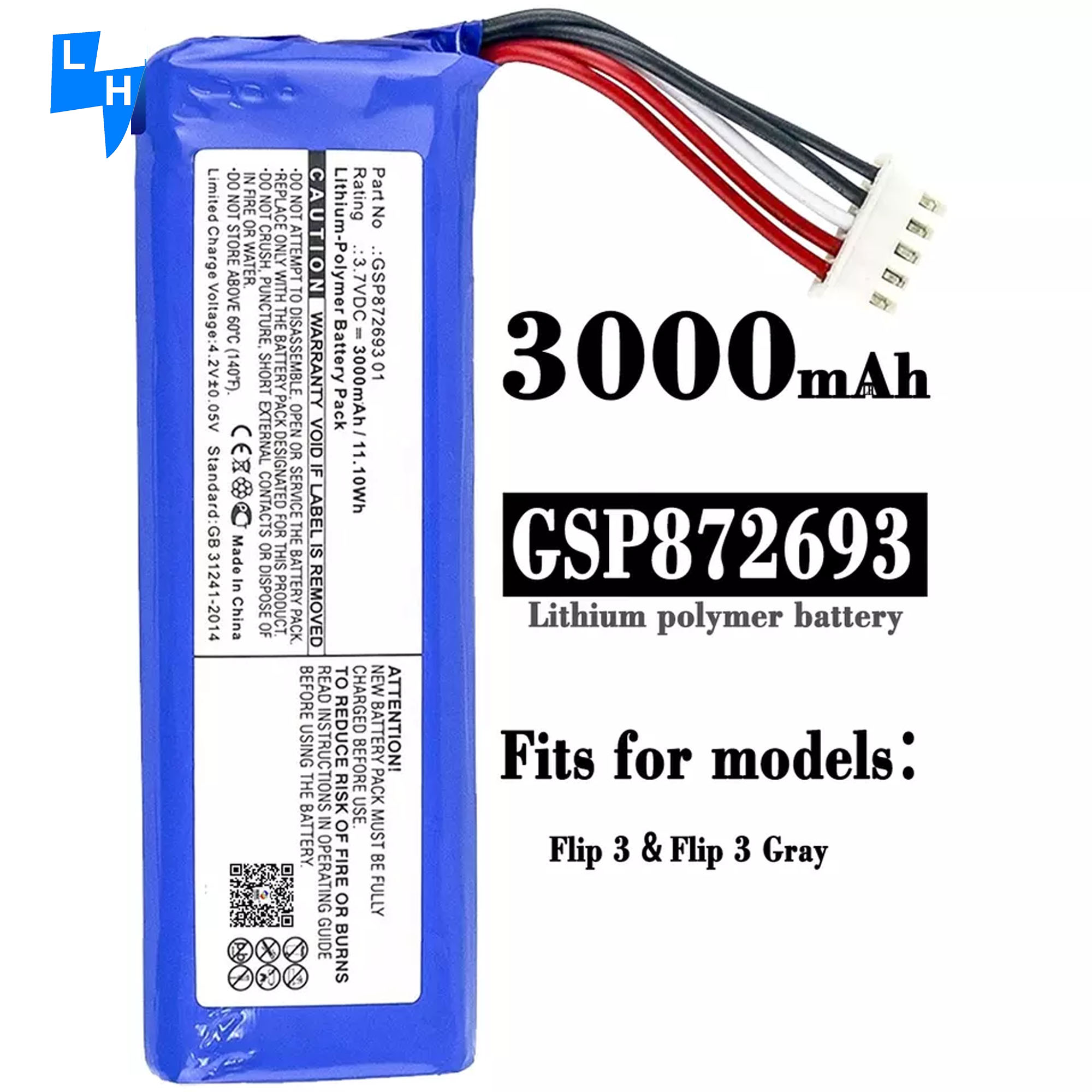 MP3/MP4 Player Rechargeable GSP872693 P763098 03 Speaker Battery for JBL Flip 3 Gray