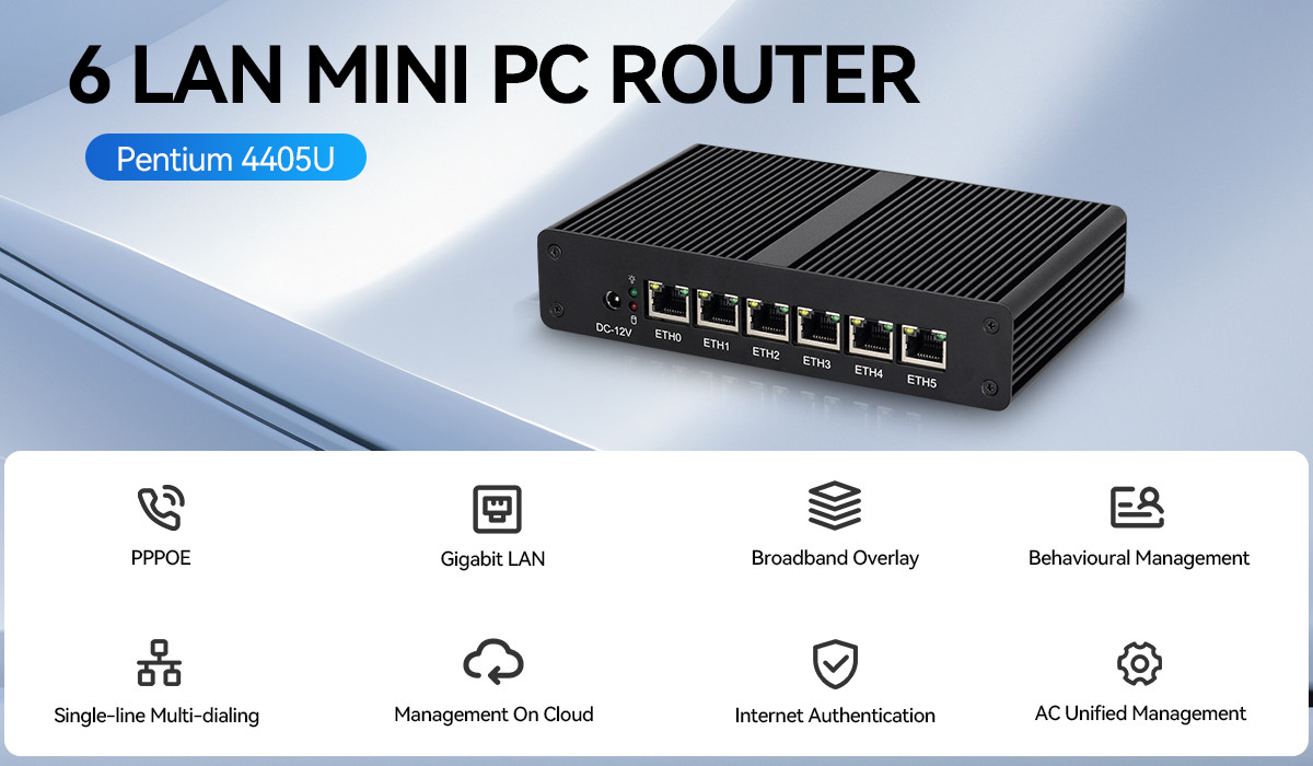 Intel Pentium 4405U 6LAN RJ45 Software Router DDR4 With Dual Screen Display