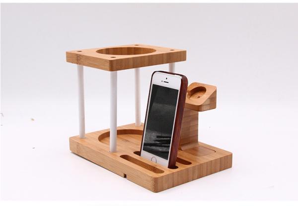 Multi Function Bamboo Wood Cellphone Stand , Tablet / Watch / Amazon Echo