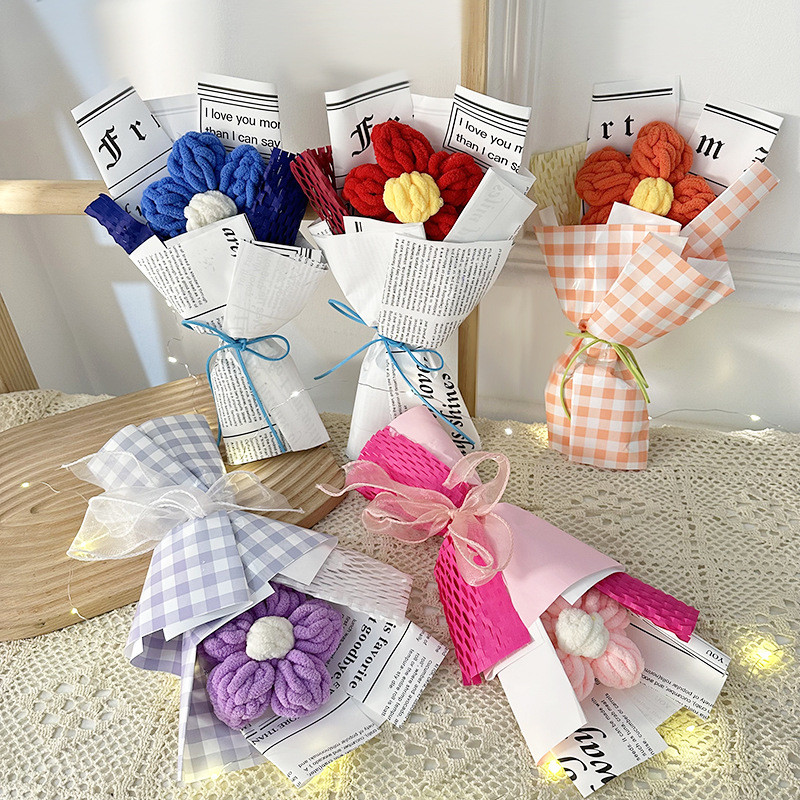 Single Bouquet Valentine's Day Gift Creative Large Handmade Fabric Puff with Light and Plush Flowers