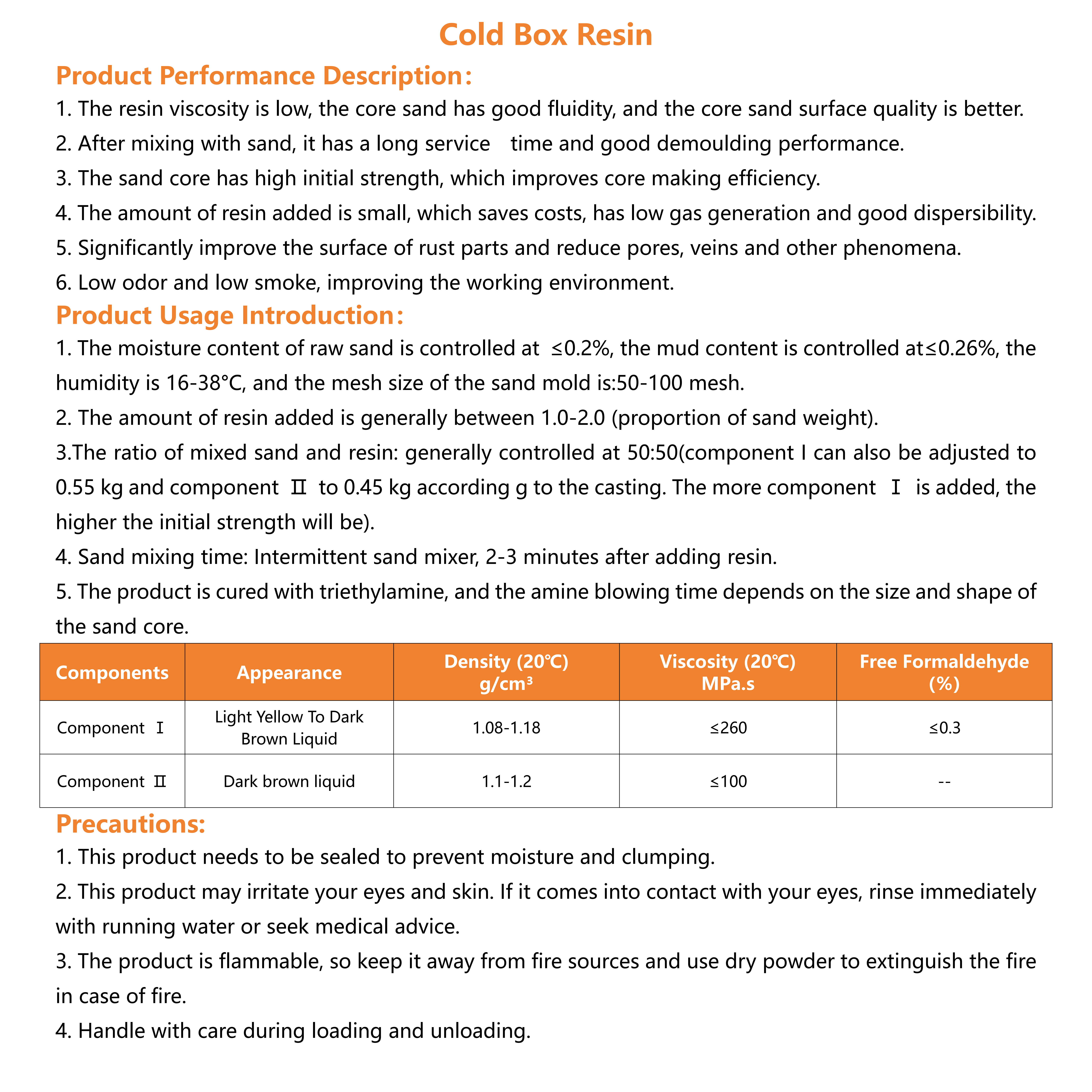 High Temp Metal Cast Resin Coldbox Foundry Cold Core Box Resin Density 1.05-1.20