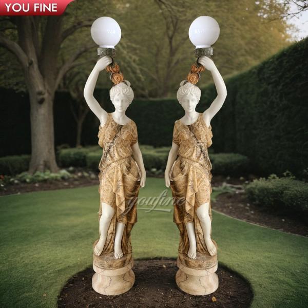 Garden Natural Stone Lady Sculpture With Lamp Marble Statue