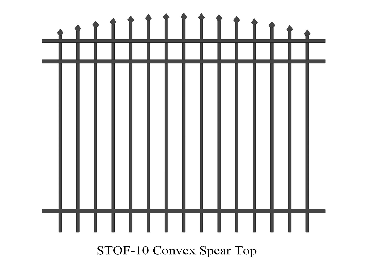Convex Spear Top Crimped Steel Garrison Fencing 40mm x 40mm x 3 rails Tubular Steel Fence powder coated 80 microns