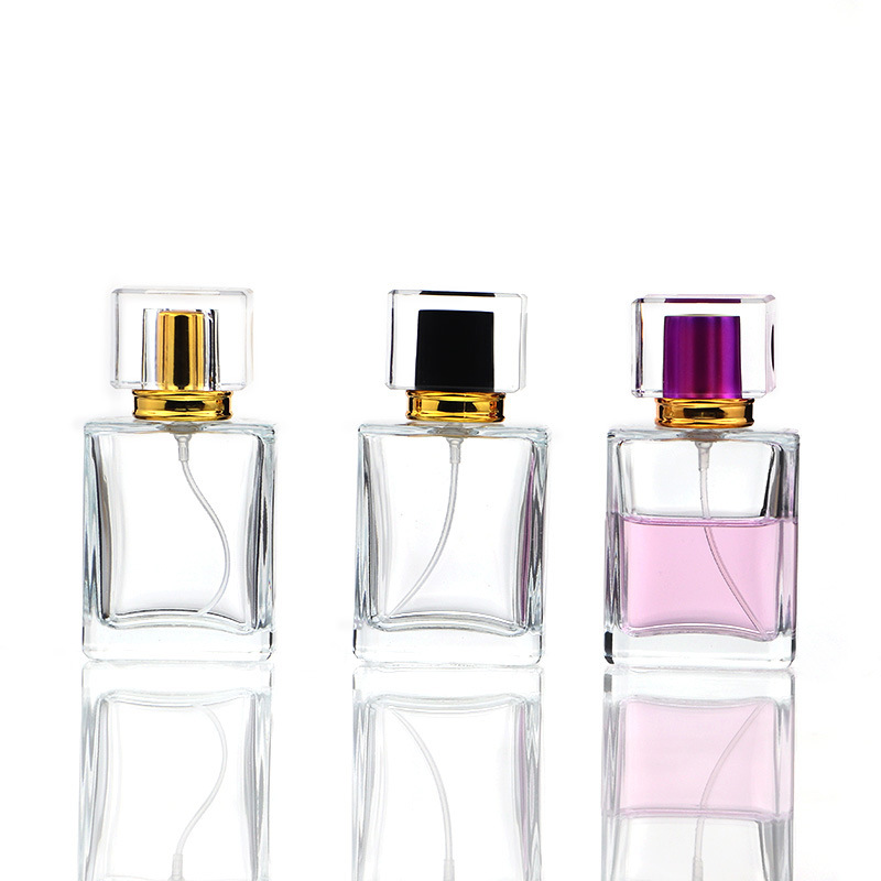 30ml 50ml Travel Rectangle Empty Perfume Glass Bottle with Aluminum Sprayer and Acrylic Cap SKIN CARE Crystal Spray Bottle