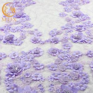 China Embroidered 3D Flower Lace Fabric / Purple Lace Material Polyester For Evening Dress wholesale