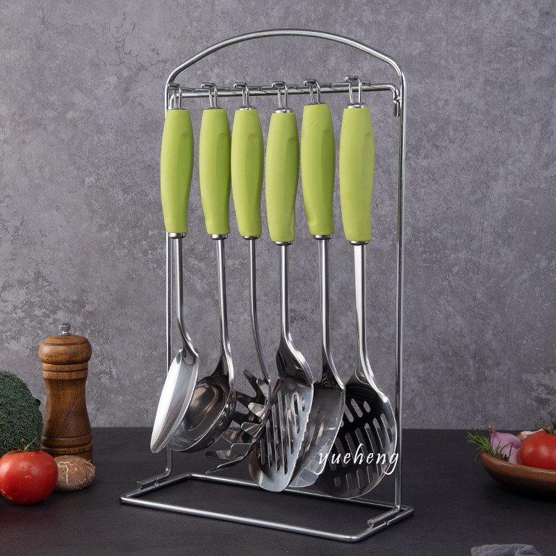 6pieces kitchen tools with Soft handle Green color handle with tray soup scoop Pasta Server Spoon Draining Spoon Slotted