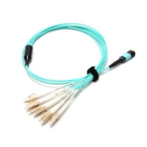 China MPO-LC Fiber Optic Patch Cord 8 Core Aqua Round Bundle OM3 PVC LSZH 3.0mm wholesale