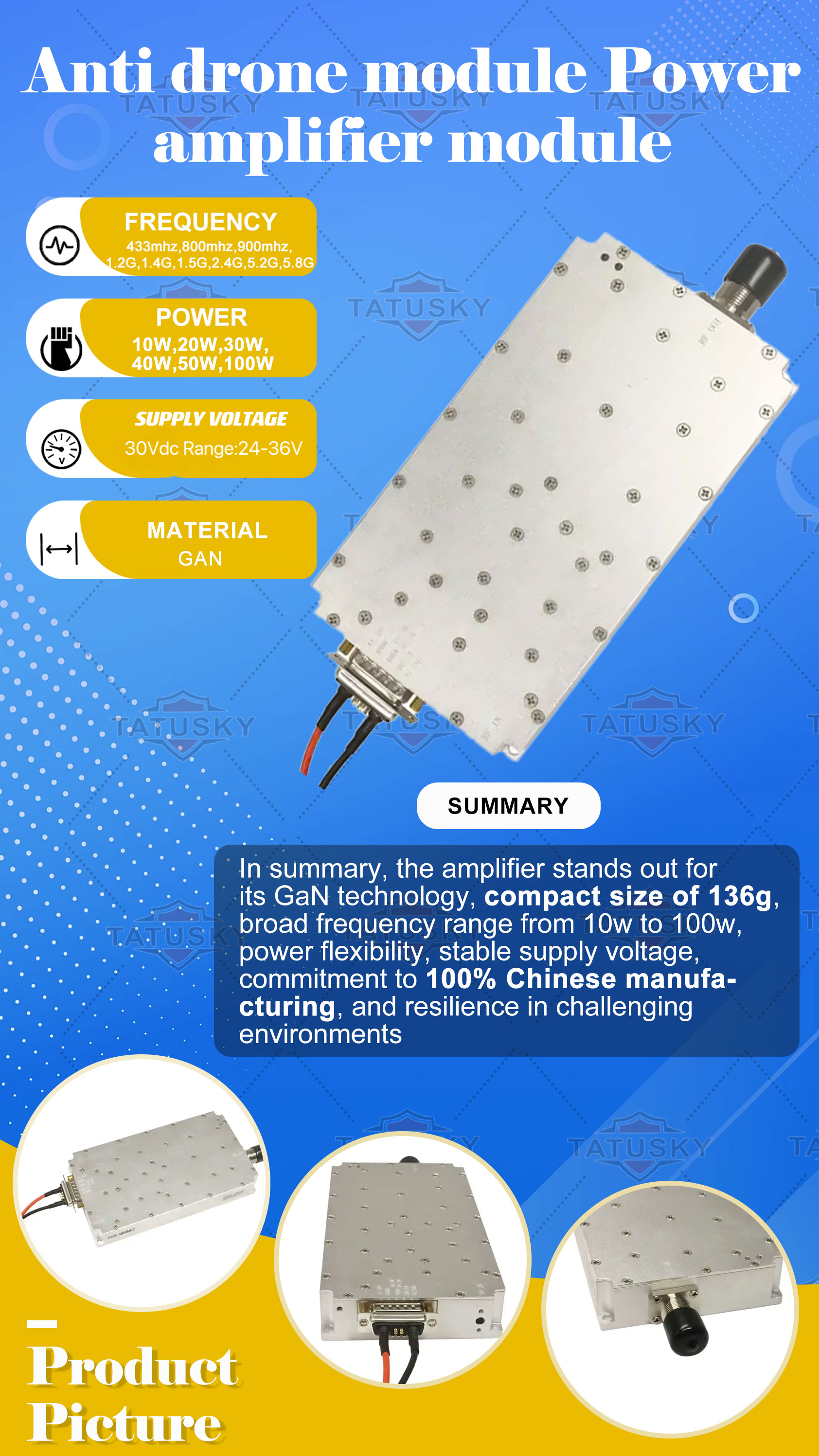 5.2G 100W GaN Amplifier Drone Counter Module for Anti Drone System and Autel RF Power