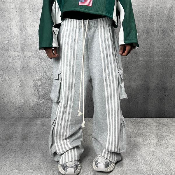 Custom Wide Leg Stacked Sweatpants Baggy Straight Vintage Men's Pants Multiple Pockets Solid Striped Sweatpants