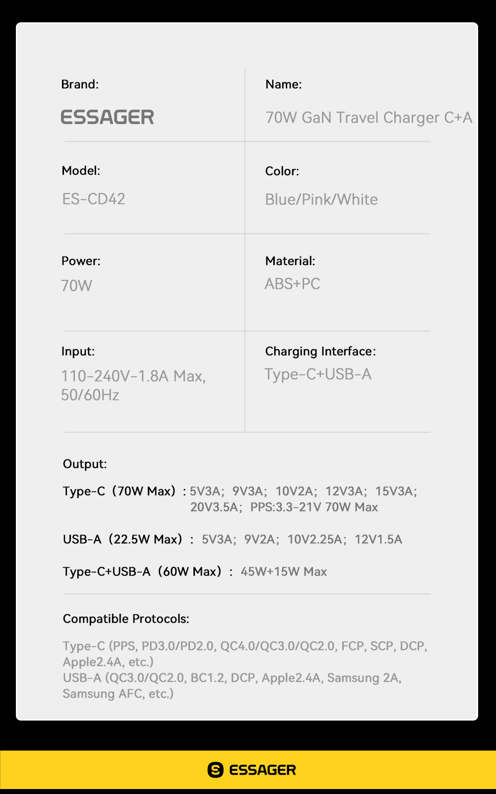 ESSAGER ES-CD42 Series GaN USB C Phone Charger Type C Charger 70W