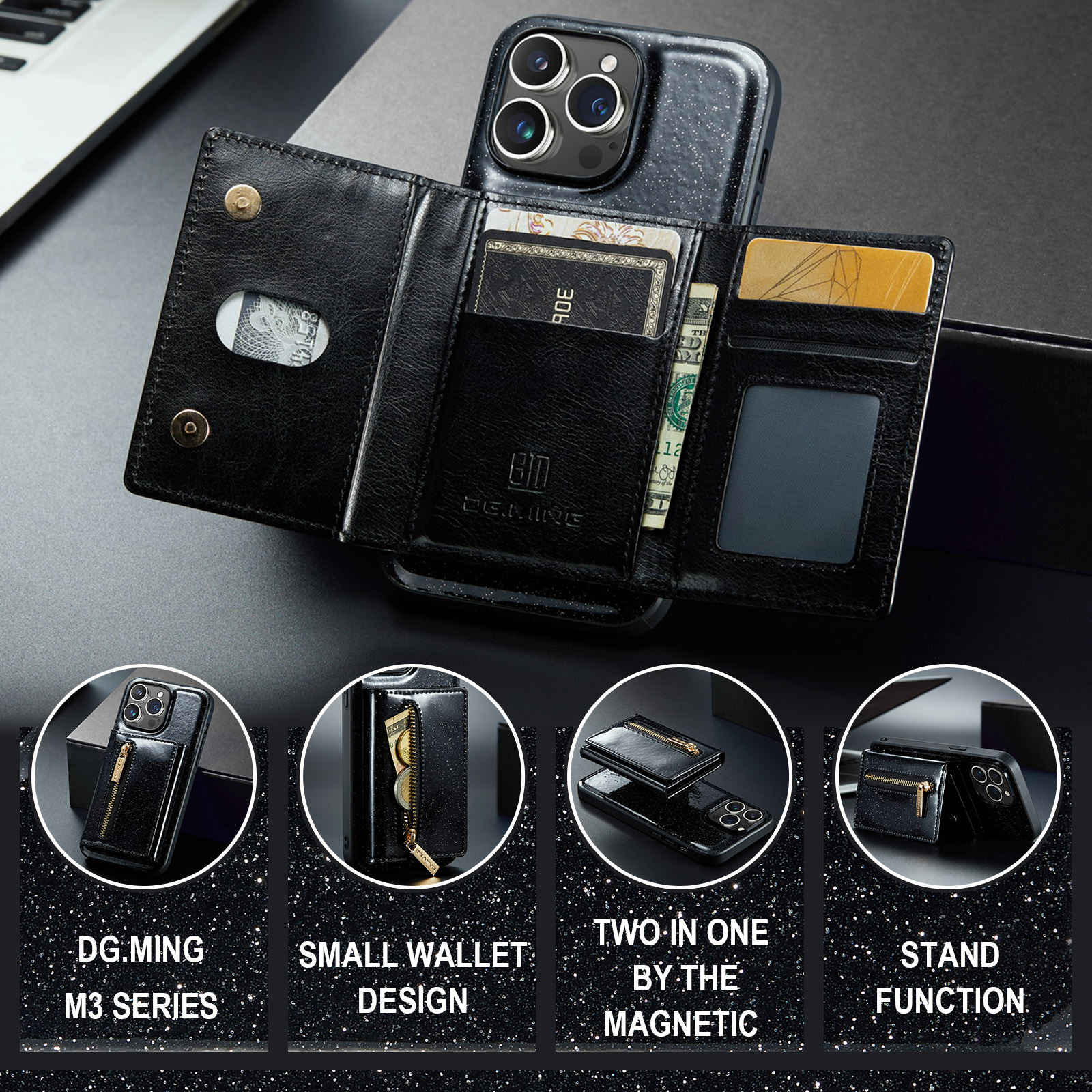 For IPhone15 Pro Max Flash Wallet Protector PU Mobile Cover IP14 Pro 2 in 1 Magnetic Cell Phone case