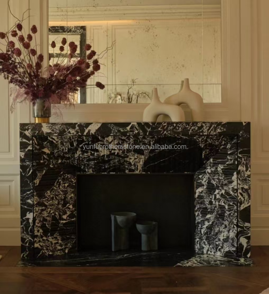 Modern Black Marble Fireplace for Villa Living Room Decoration in European Style