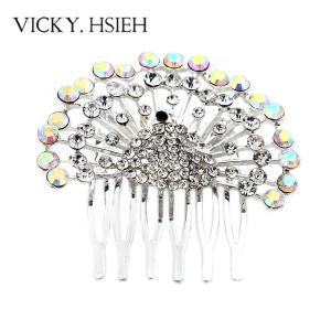 China VICKY.HSIEH Siver Tone Luxury Peacock Pave Crystal AB Rhinestone Hair Comb wholesale