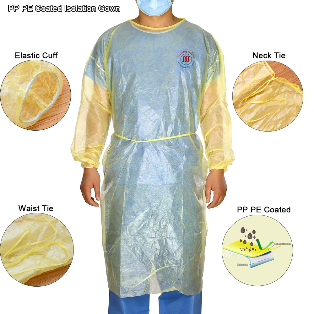 Non Woven PP PE Coated Yellow Disposable Isolation Gown Surgical For Hospital