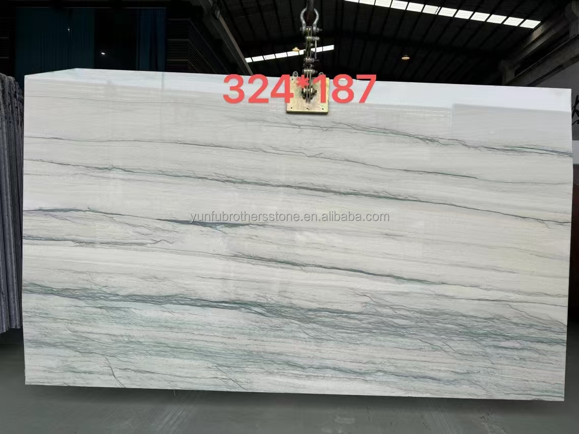 Modern Kitchen Floor and Stair White with Green/Grey Veins Calacatta Marble Book Match Table Countertop