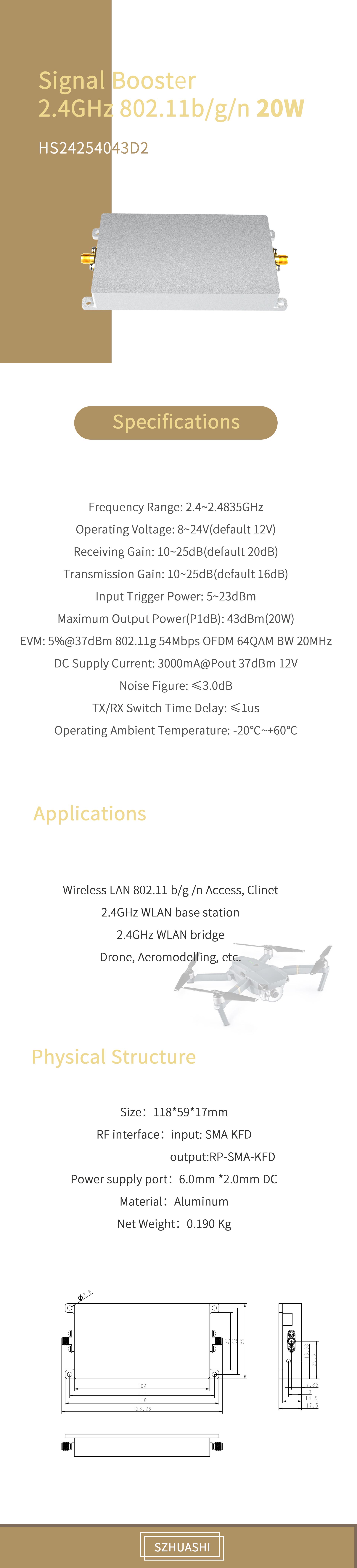 1.4GHz Broadband Wifi Signal Booster With High Power 43dBm Output 20W