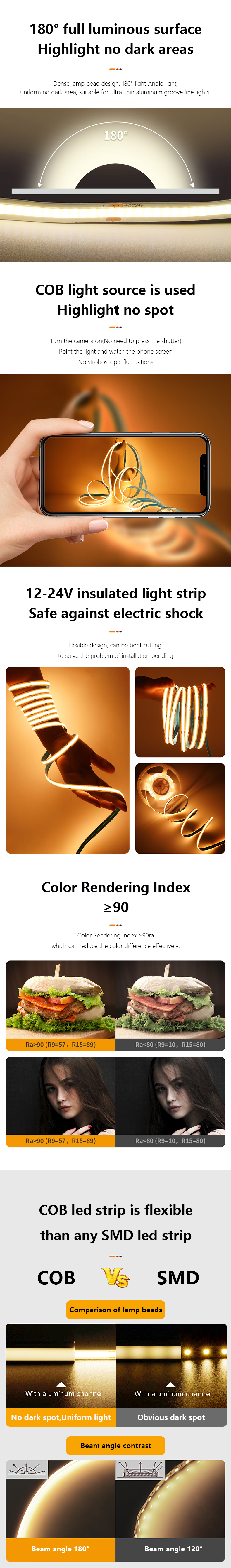 PCB Width 3mm/5mm/8mm/10mm/12mm RGBW COB LED Strips for Commercial Dream Long-lasting