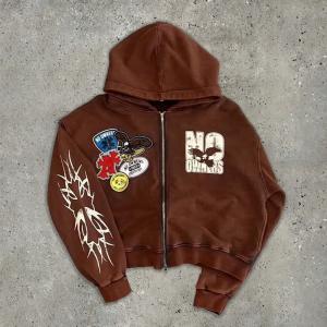 China French Terry Acid Wash Zip Through Hoodie Crop Top Hoodie Double Way Zipper Pullover Patch 3d wholesale