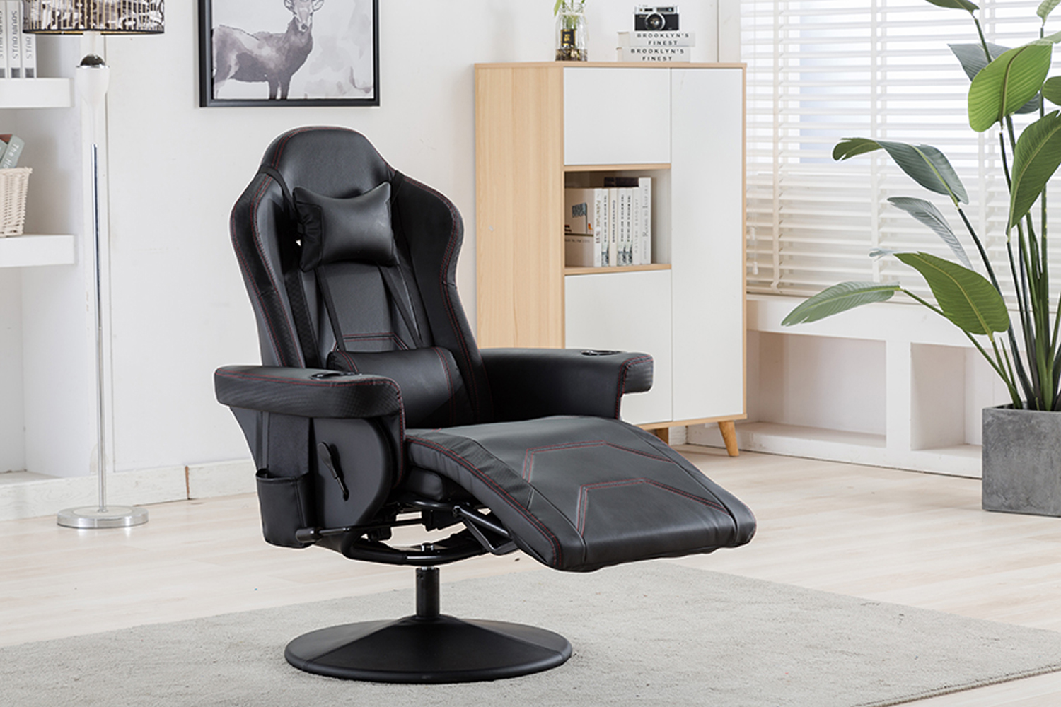 ANJI Directly Ergonomic PU Leather Reclining Gaming Sofa with Cup Holder and Footrest