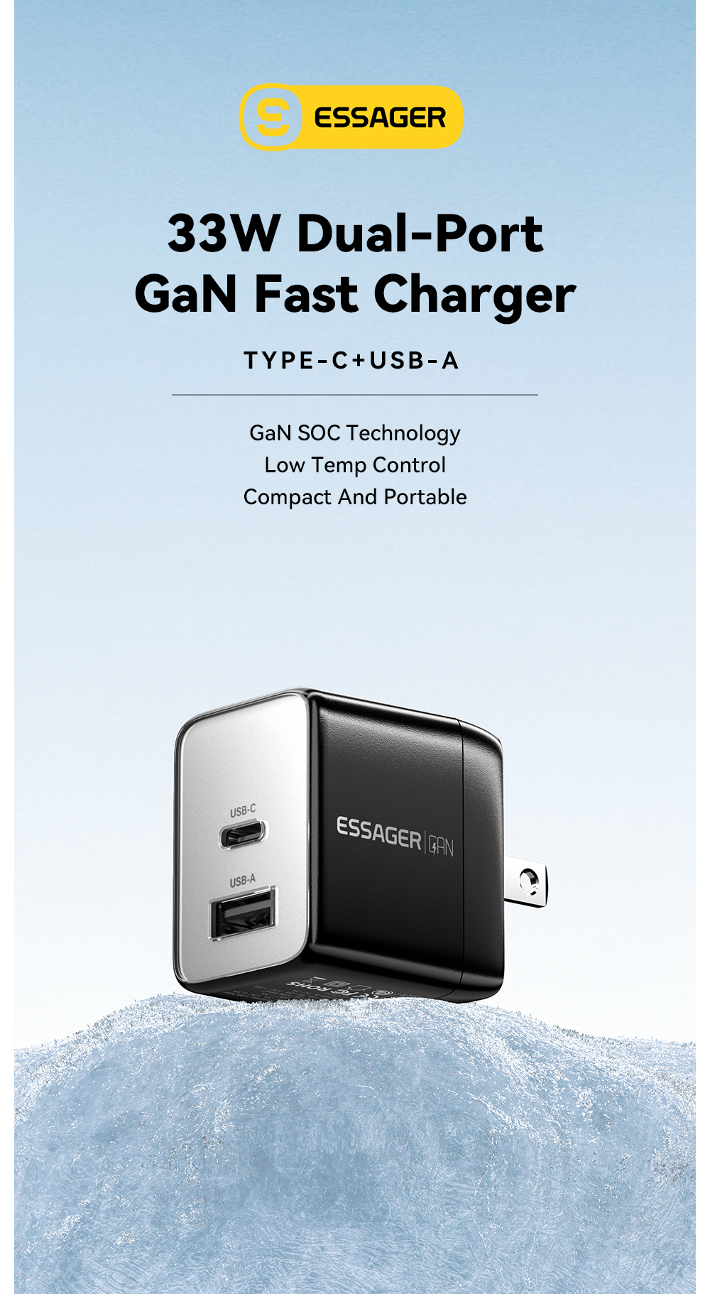 ESSAGER ES-CD39 Series Max 33W 2 Ports PD Charger 30W USB C Power Adapter