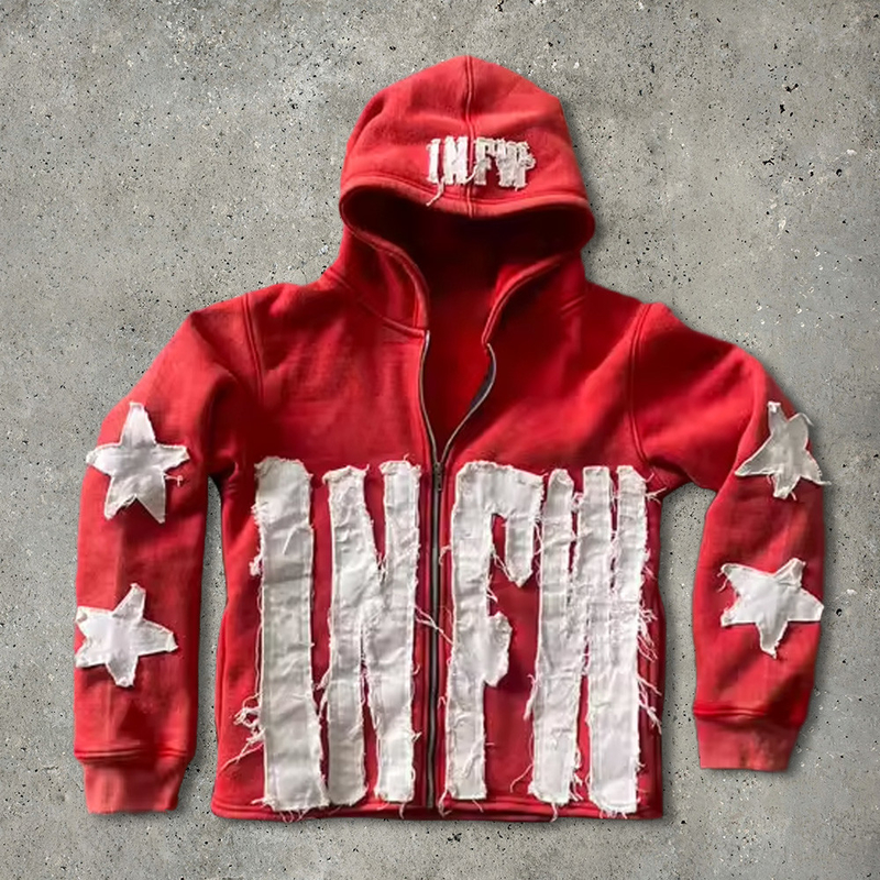 Men 500gsm Cotton Distressed Custom Embroidered Zip Up Hoodies Zip Up Acid Wash Cropped Sweatshirt
