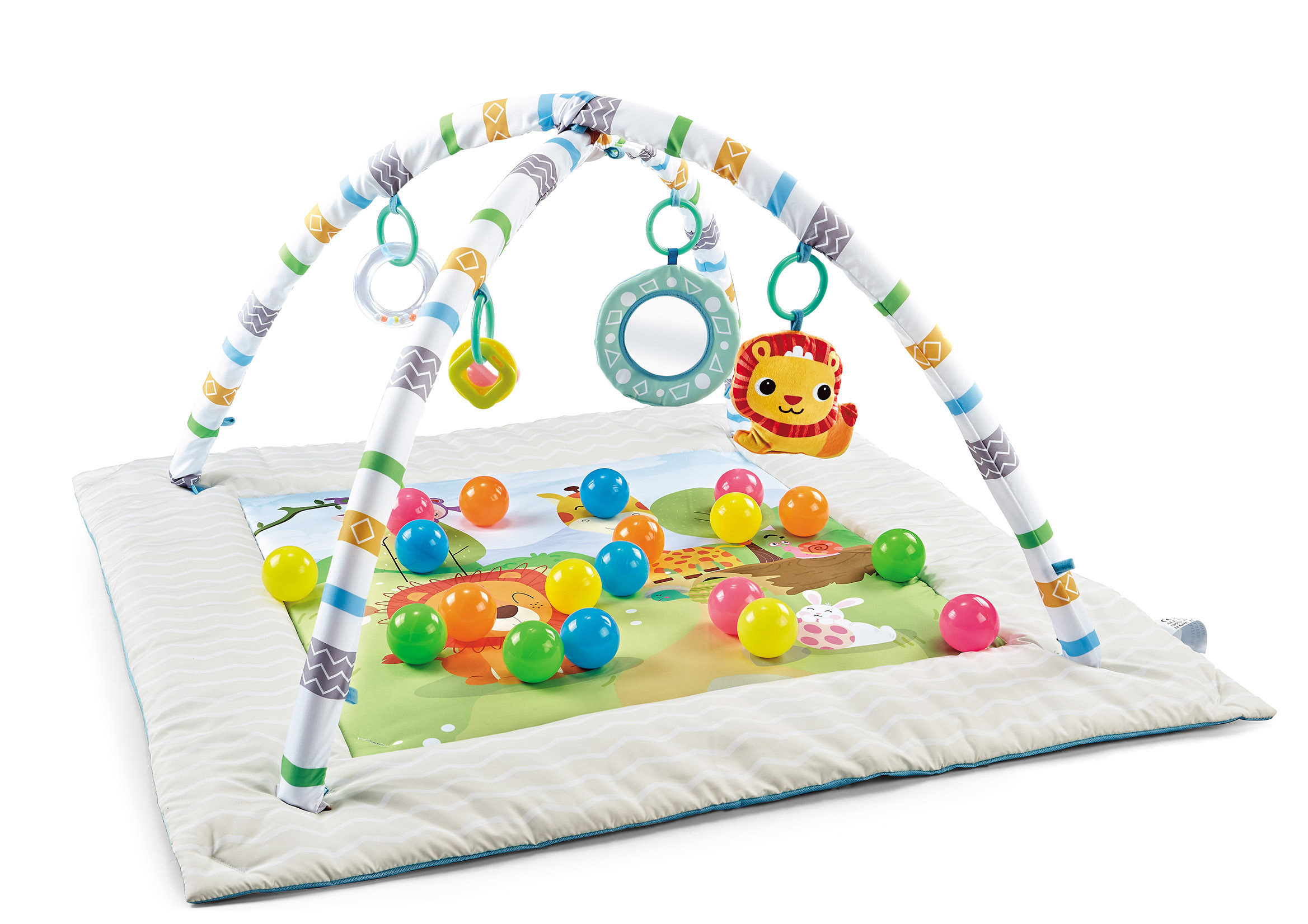 Activity Play Mat & Ball Pit, with High Contrast Toys & Self-Discovery Mirror & Tummy Time Pillow for Sensory and Motor