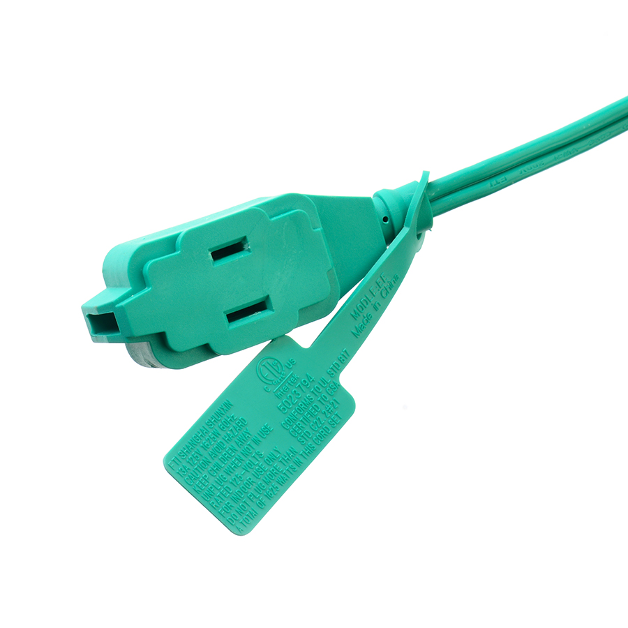 3 Outlet Extension Cord with Green PVC Jacket Material SPT-2 14/2 AWG 6FT/12FT 2 Prong Power Strip and Safety Cap Cover