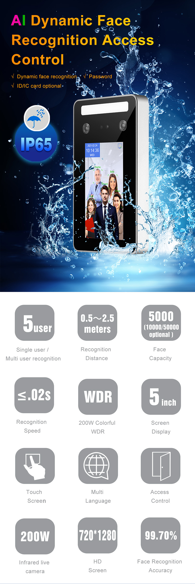 Waterproof Time Attendance Face Recognition Attendance System 5inch for outdoors