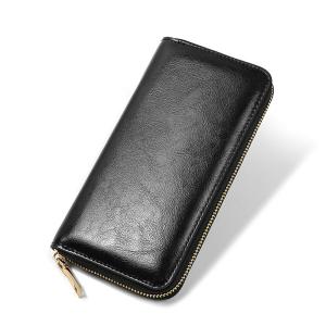 China Double Zipper Design Men's Genuine Leather Long Wallet Luxury Purse with Nylon Lining wholesale
