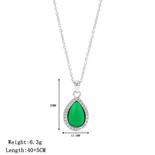 Stainless Steel Jewelry Necklace with Green Teardrop Stone Pendant in Silver and Gold