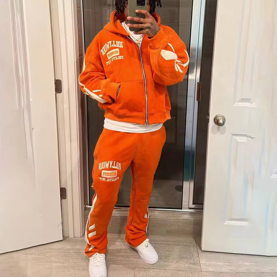 Custom Streetwear Vintage Cropped Zip Hoodie and Sweatpants Set with Towel Embroidery