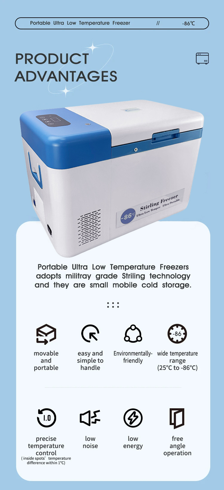 25L He Refrigerant Portable Freezer for Lab -86C Ultra Low Temperature Mini Fridge