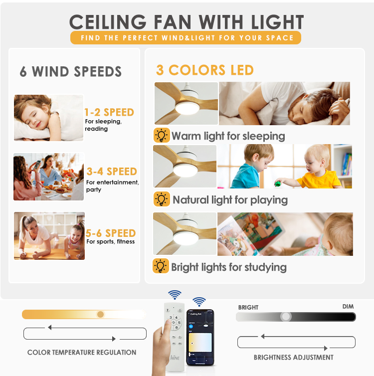 1stshine 60" Wooden Blades LED Ceiling Fan with F/R Function and Color Temperature CCT