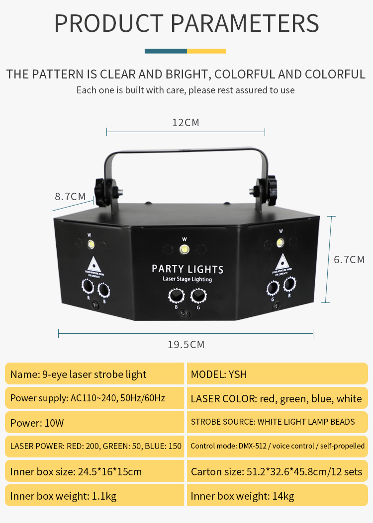 DJ Disco Laser Light 9 Eyes Laser Strobe Led Party Lights Projector Voice Control DJ Night Club Bar Decoration Strobe li