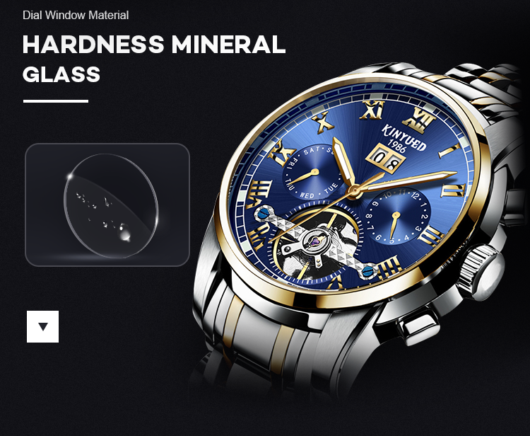 KINYUED tourbillon mechanical watch men oem waterproof stainless steel back automatic wristwatch