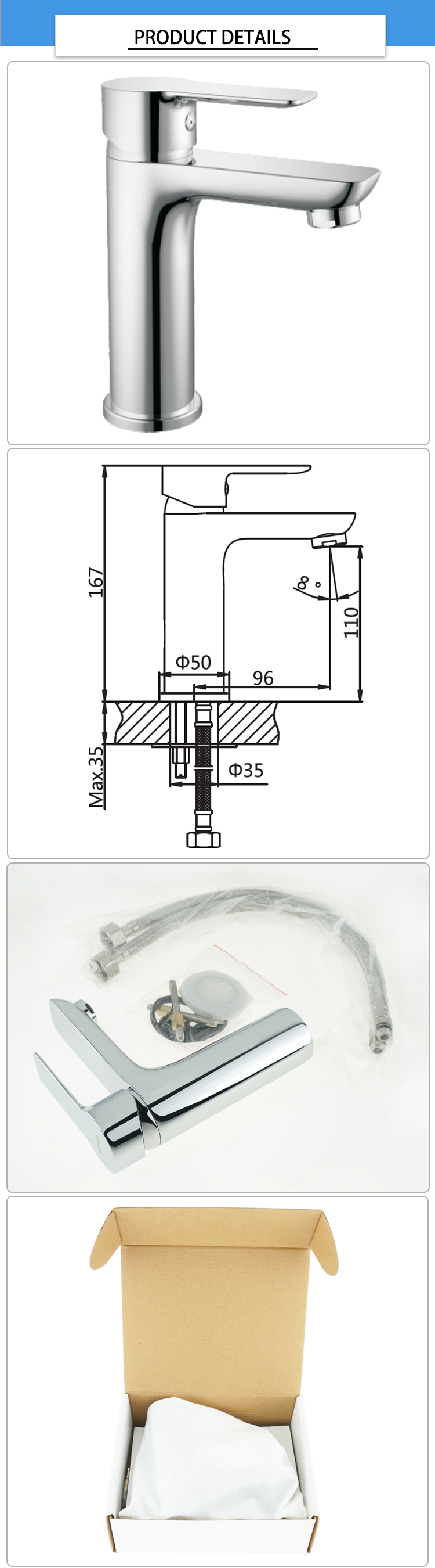 Single Hole 500000 Cycles 167mm Wash Basin Faucet