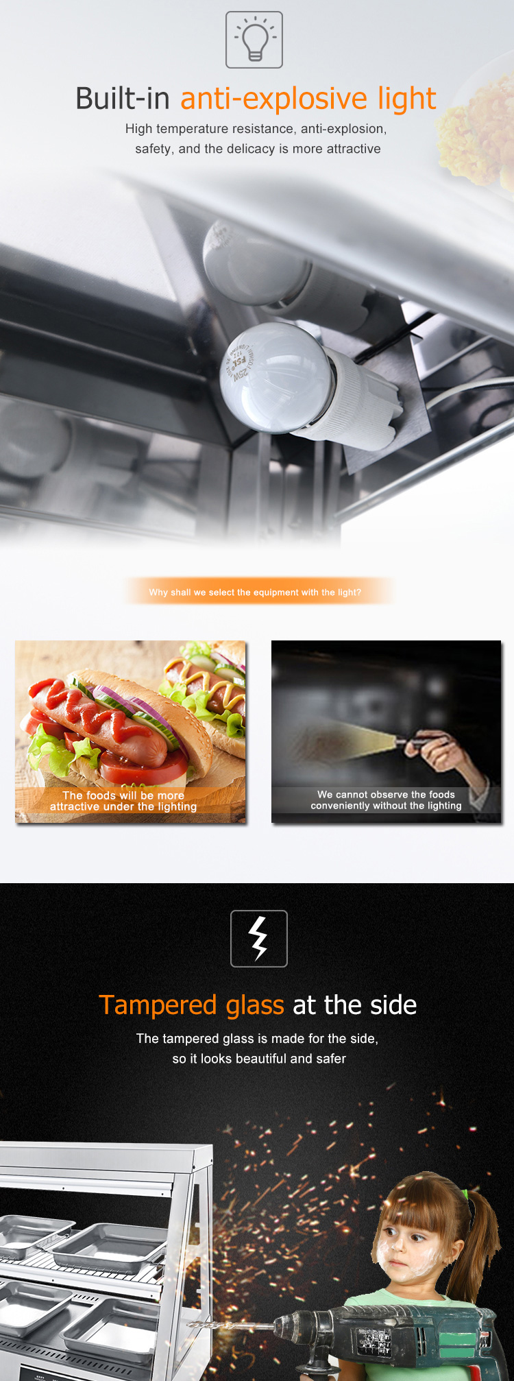 1600W Commercial Kitchen Counter Top Fast Food Warmer Display Showcase for KFC Chicken