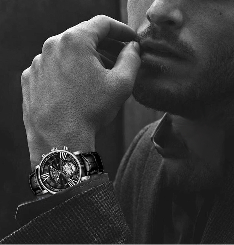 Luxury Brand KINYUED Winner Automatic Mechanical Movement Genuine Leather Waterproof Automatic Mechanical Mens Watch