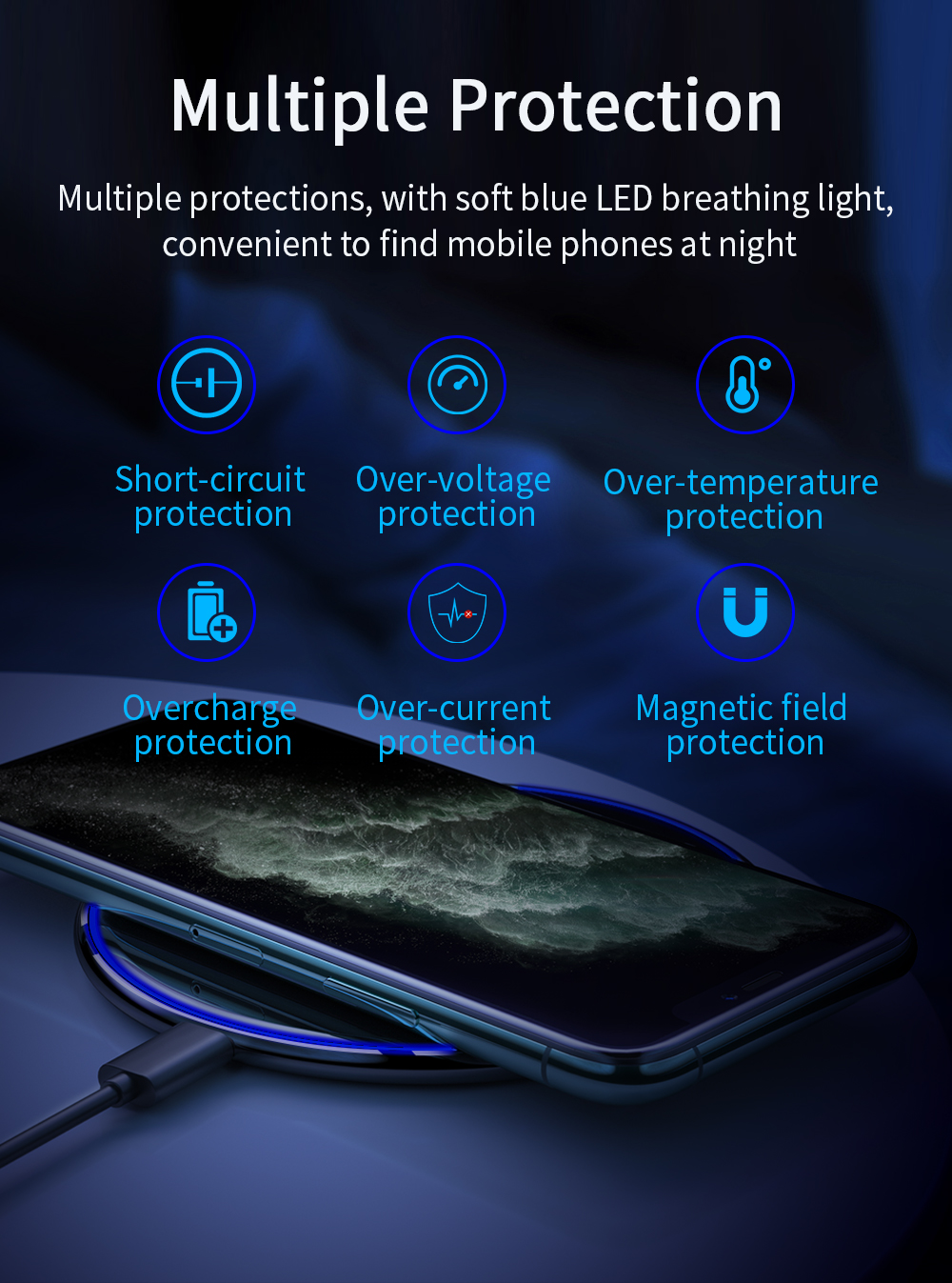 Mirror Desktop Qi Wireless Phone Charger Magnetic 15W With 1m Cable Type-C