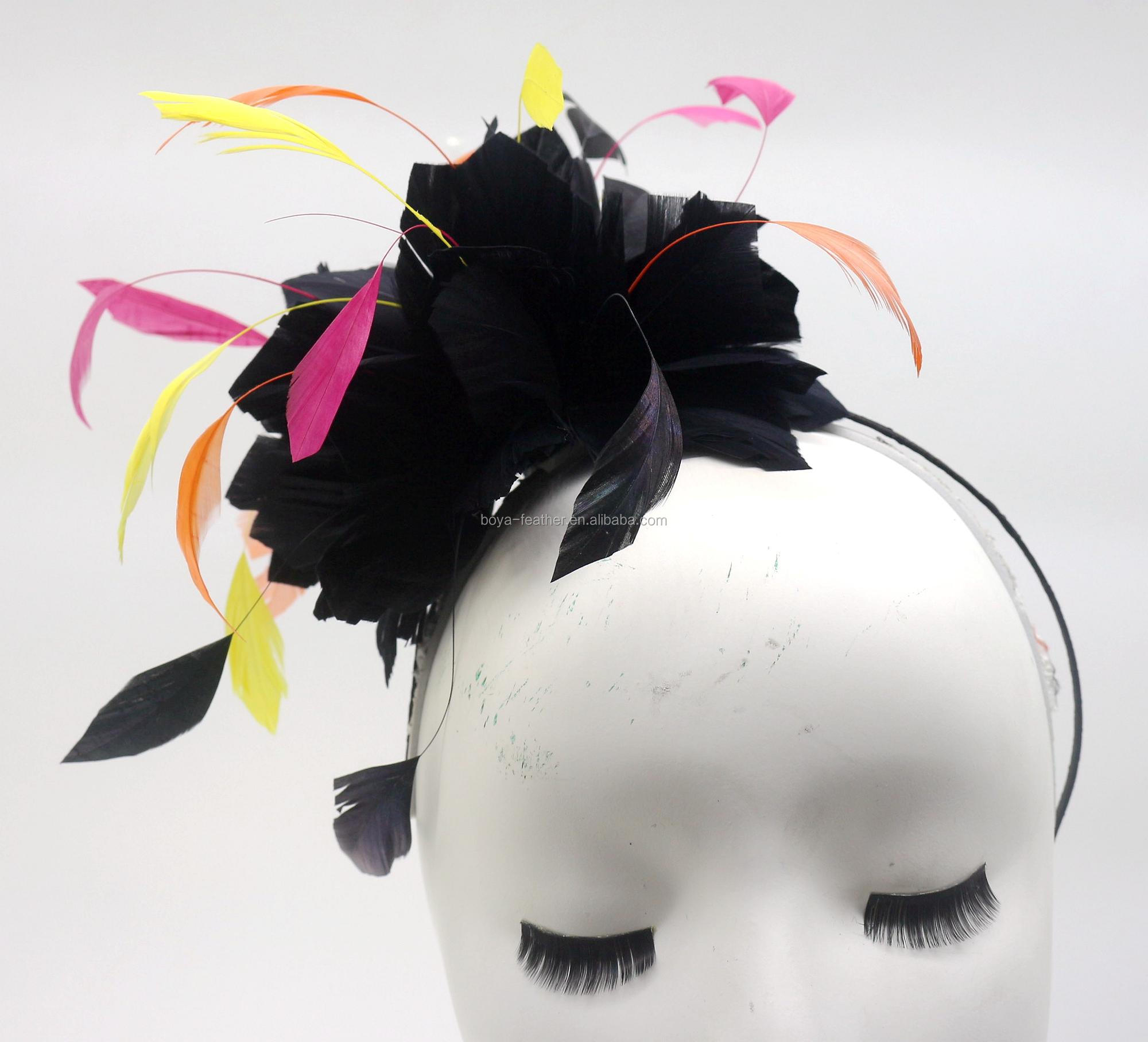 10x20cm Chicken Feather Headband Flower With Stripped Coque And Goose Feather