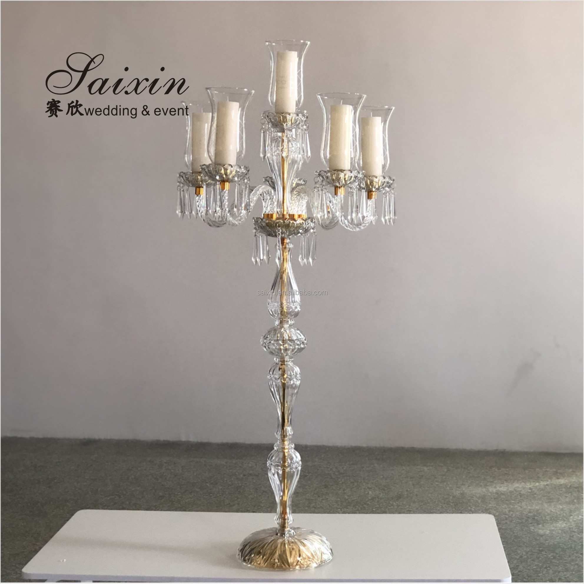 New Design Luxury Wedding Decoration Candle Holder Tall Champagne Crystal Candelabra