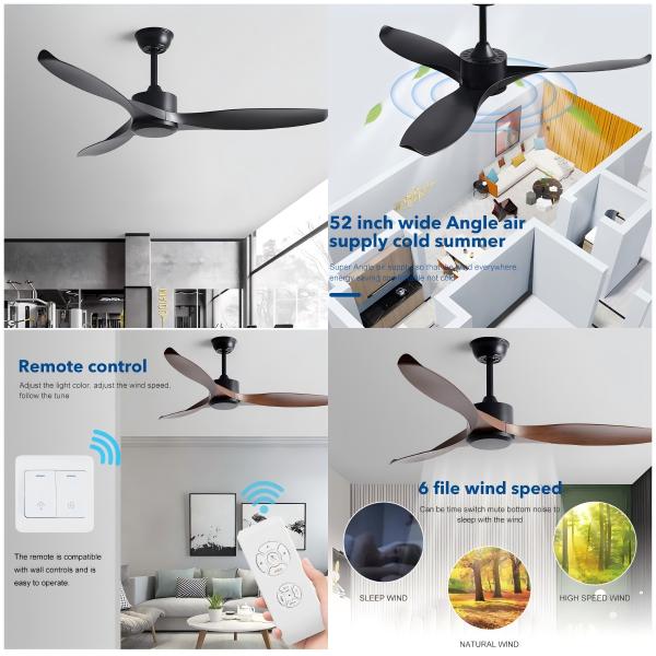 Wholesale factory European Style DC 56 Inch 50W ABS 3 Blades Wall Control Remote Control Dimmable Led Ceiling Fan Black Fan Light