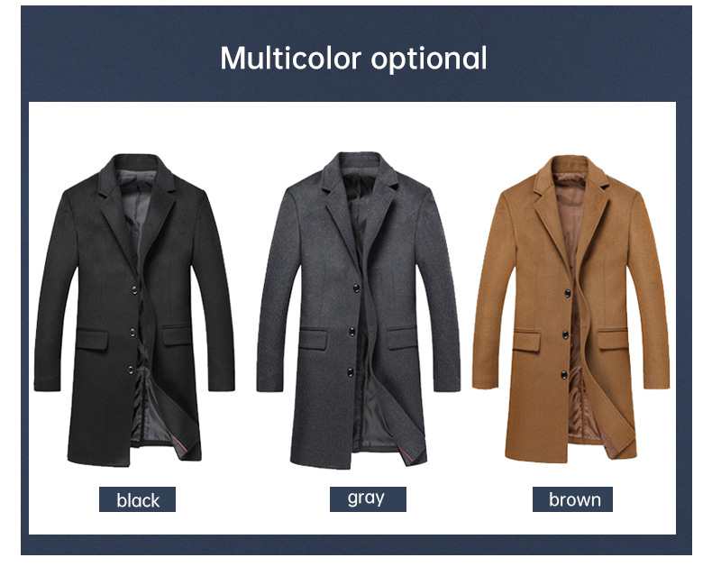 Regular Men's Woolen Coat Winter Solid Color Single-breasted Pocket Camel Male Long Trench Coat Mens Overcoat