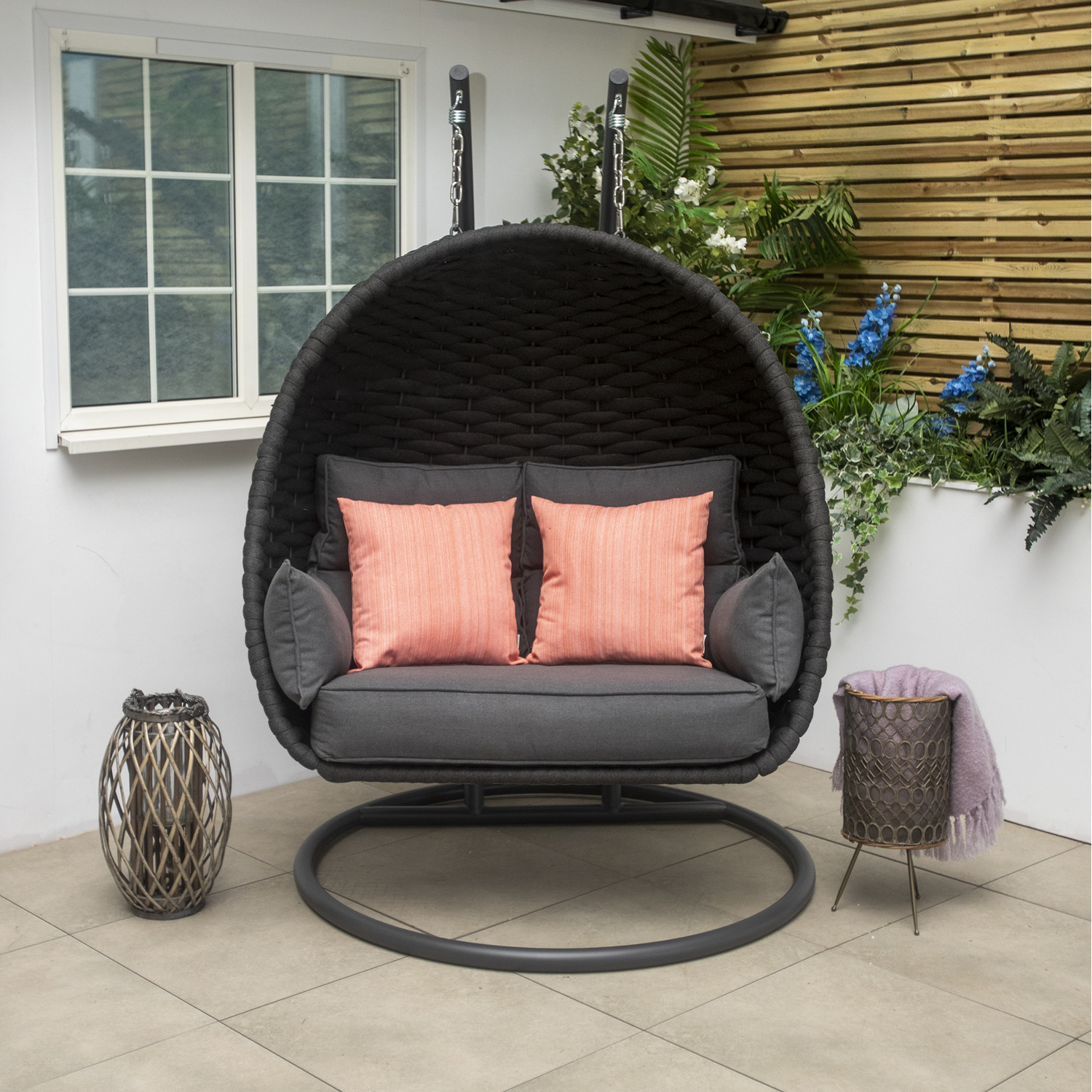 80kg Load Capacity PE Rattan Double Seat Swing Egg Chair for Deluxe Outdoor Furniture