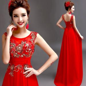 China Red Tank Sleeveless Embroidery Flower Toast Dress Gorgeous Evening Dress TSJY099 wholesale