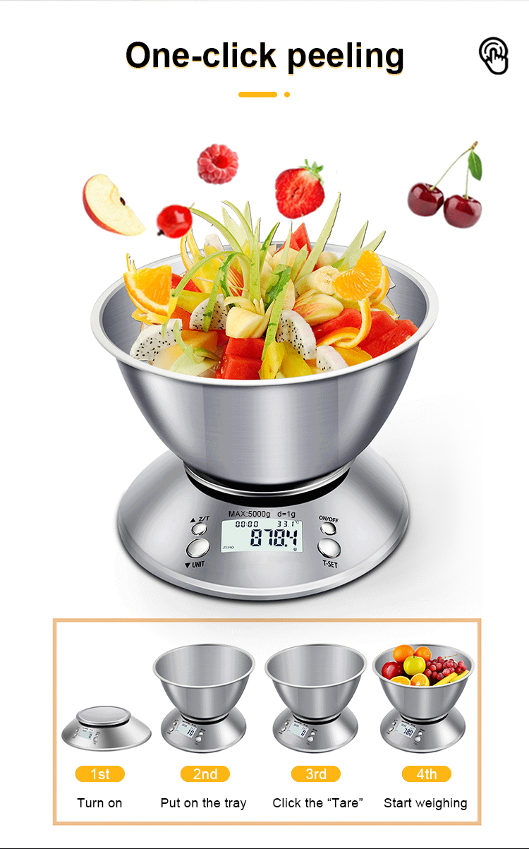 Stainless Steel Digital Kitchen Scale 5 kg Removable Bowl and Battery Powered Digital Household Scale