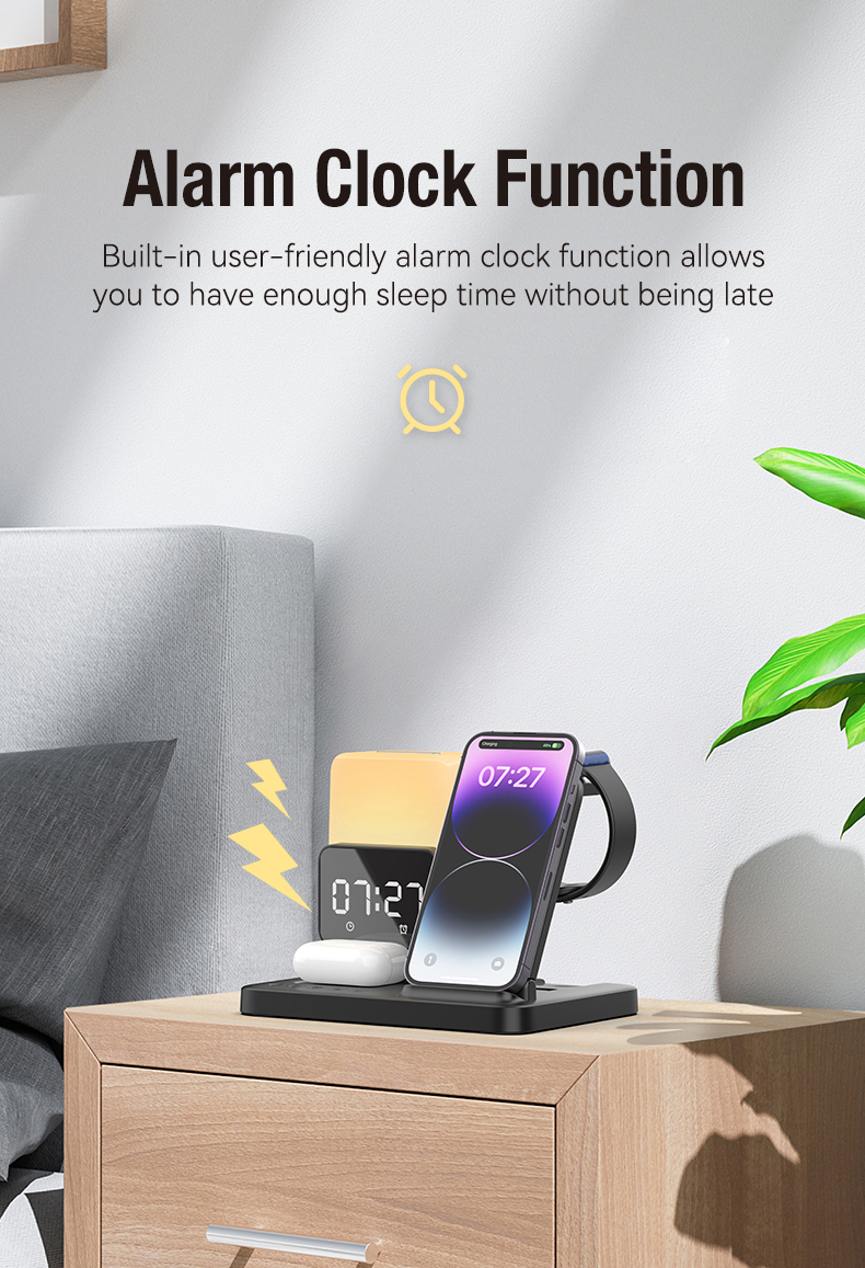 6 In 1 Wireless Fast Charger with Alarm Clock , 15W Mobile Phone Wireless Charger