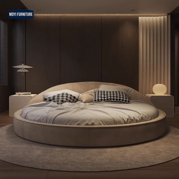 OEM Accepted Modern Minimalist King Size Round Fabric Bed Frosted Luxury Villa French Style Wedding Bed Soft Double Bed