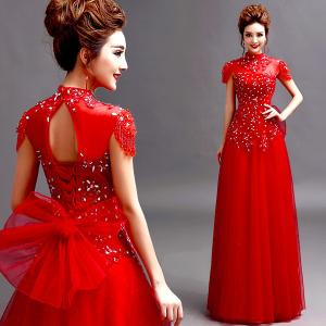 China Red Cap Sleeves Beading High Neck Gorgeous Evening Dress TSJY124 wholesale