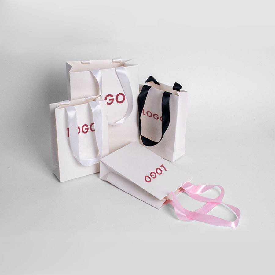 Luxury Black Paper Bag With Ribbon Handles for Custom Printed Logo Jewelry Packaging